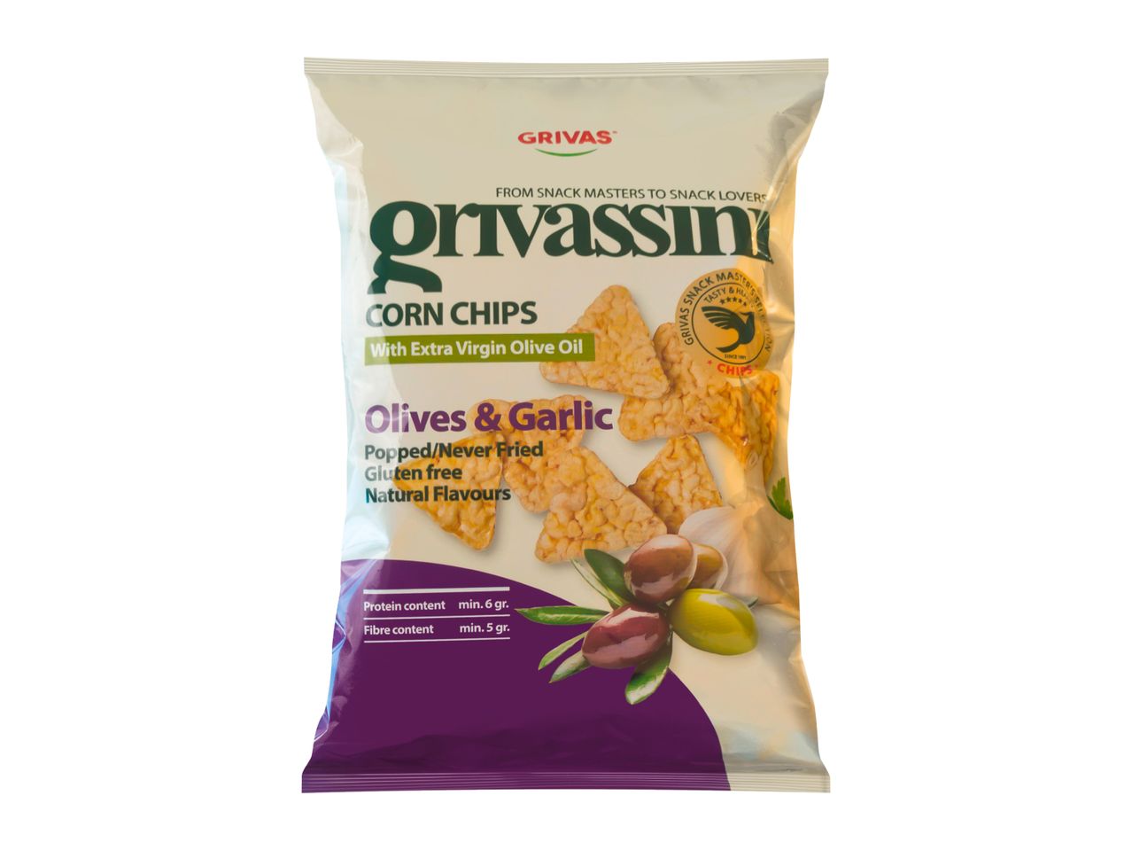 Grivas Corn Chips with Olives & Garlic, popped and gluten-free