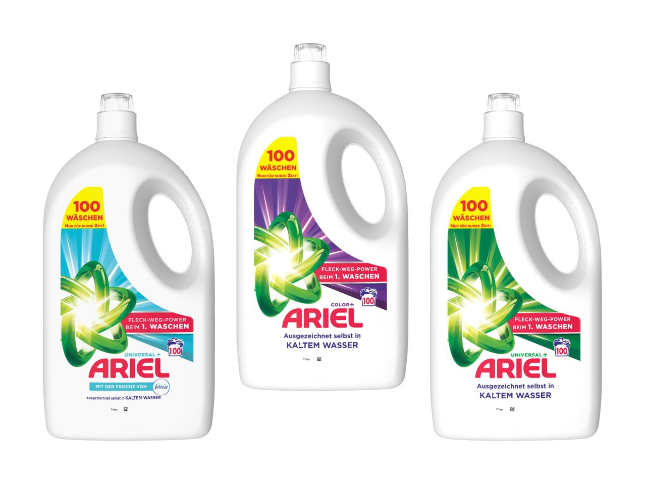 Drei Ariel Waschmittelflaschen mit je 100 Wäschen, in den Varianten Color, Universal und Febreze.