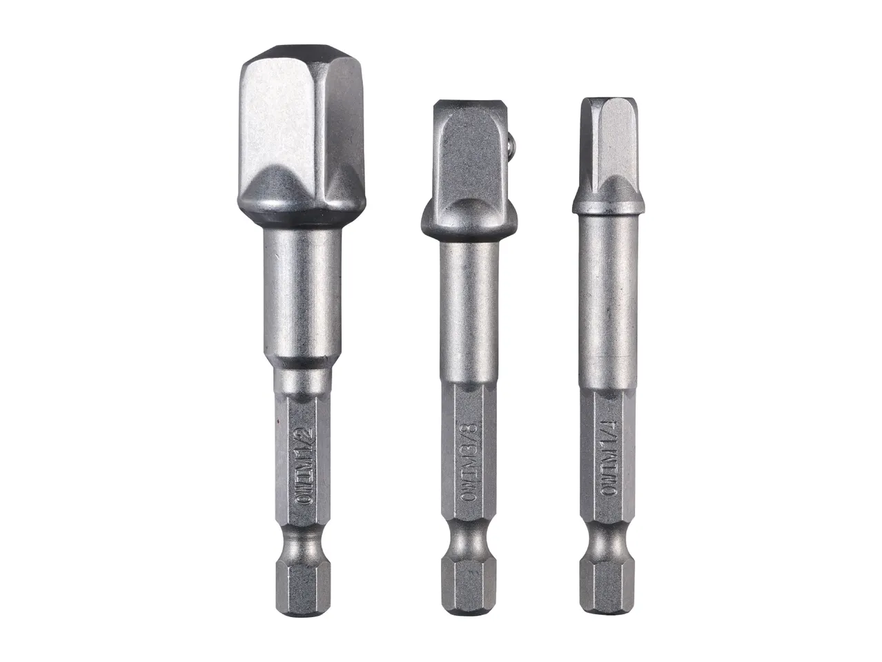Three silver socket adapter bits for drills, with sizes 1/2, 3/8, and 1/4 inch.