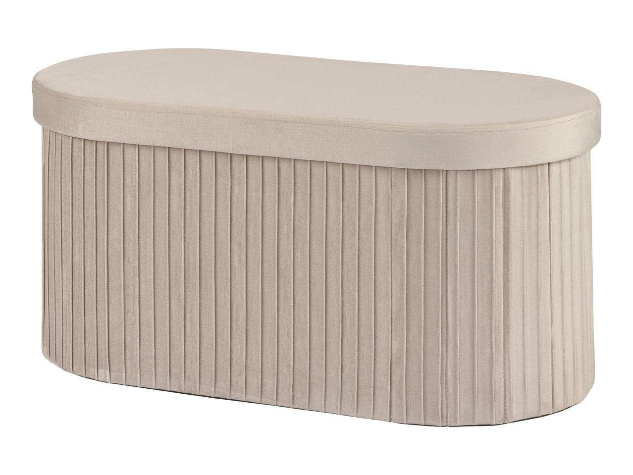 Beige velvet oval storage ottoman with pleated sides