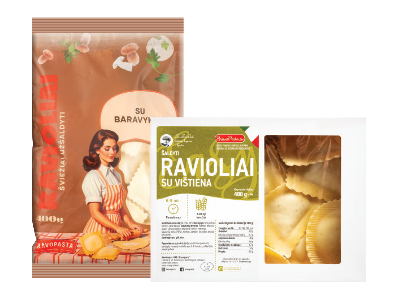 Divi ravioli iepakojumi: viens ar baravikām, otrs ar vistu, abi saldēti.