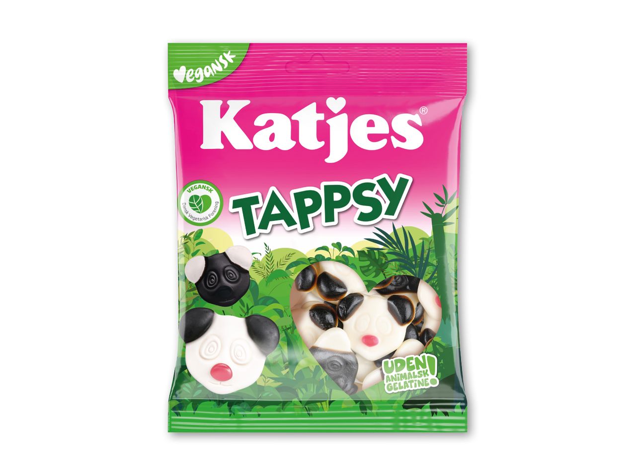 Vegansk slik med pandabjørne og teksten 'Tappsy' og 'Uden animalsk gelatine'.