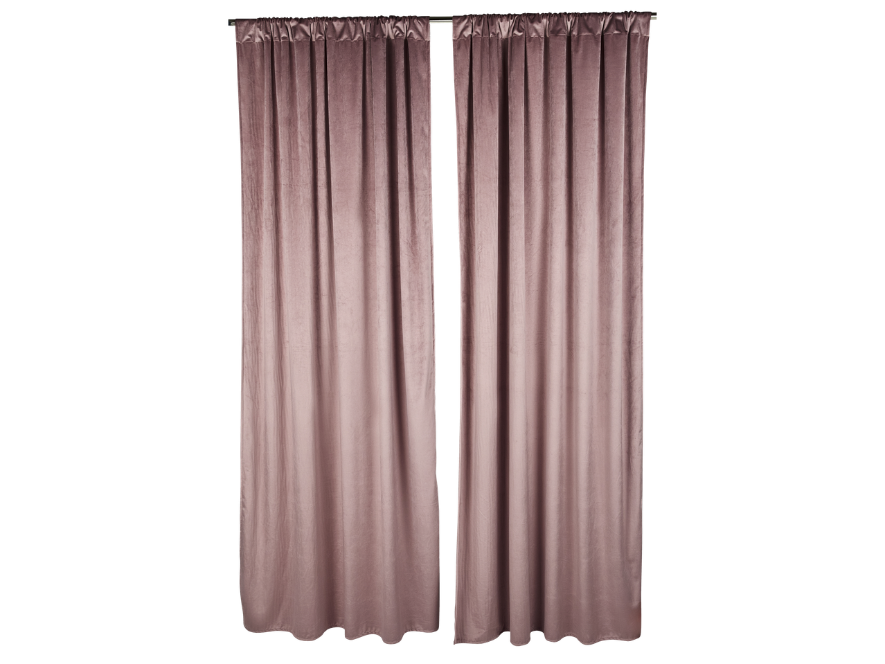 Две дълги, плътни завеси в цвят пепел от рози, висящи на корниз.
