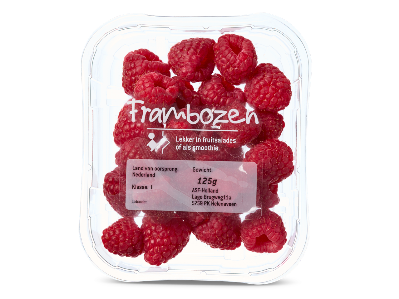 125g verse frambozen in verpakking.