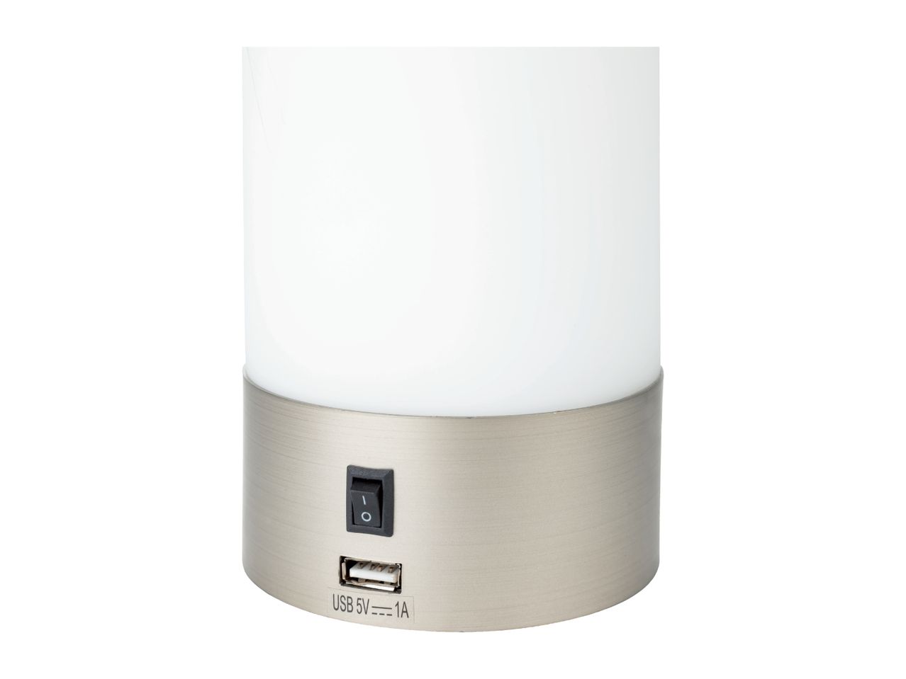 A brushed nickel table lamp with a USB charging port and on/off switch.