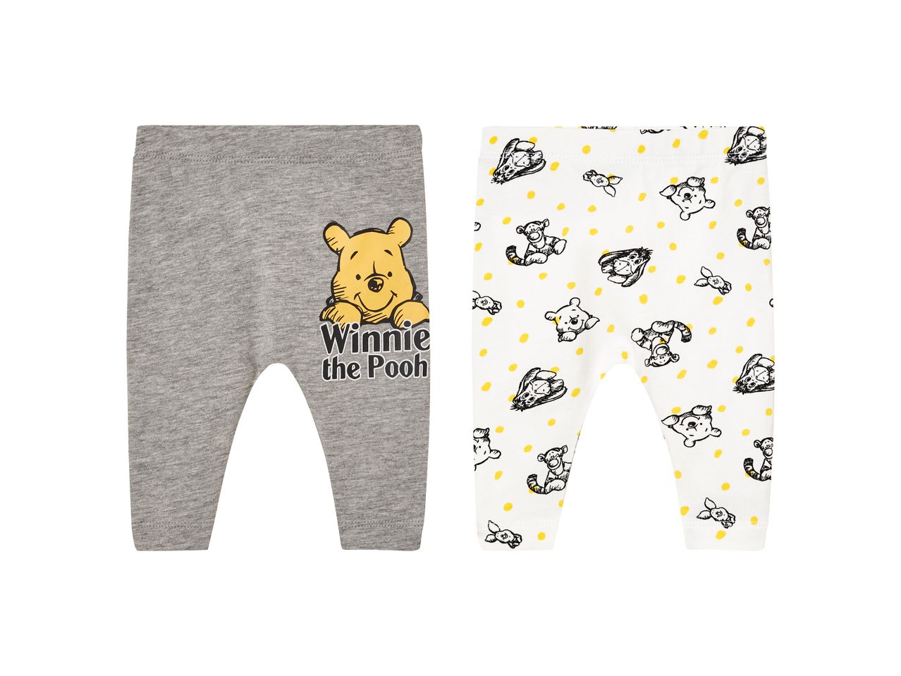 Due paia di leggings per neonati di Winnie the Pooh, uno grigio e uno bianco a fantasia.