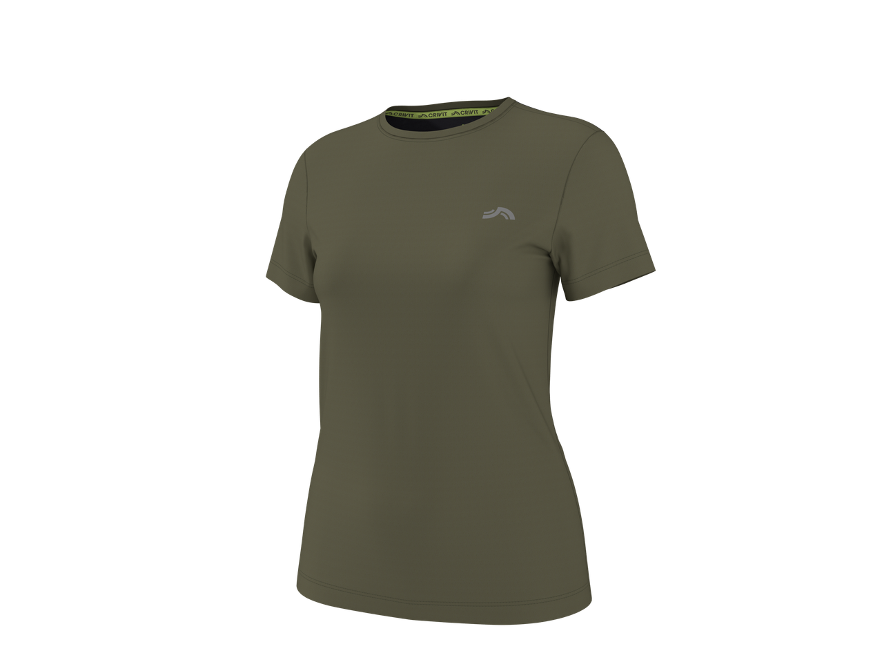 CRIVIT sieviešu funkcionāls T-krekls ar īsām piedurknēm, olīvzaļš, ar logotipu uz krūtīm.