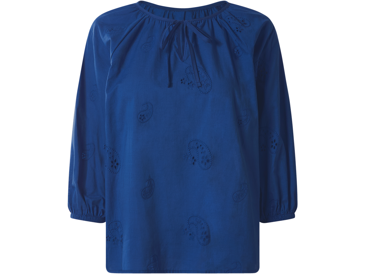 Blusa azul ESMARA com bordado paisley e decote com laço.