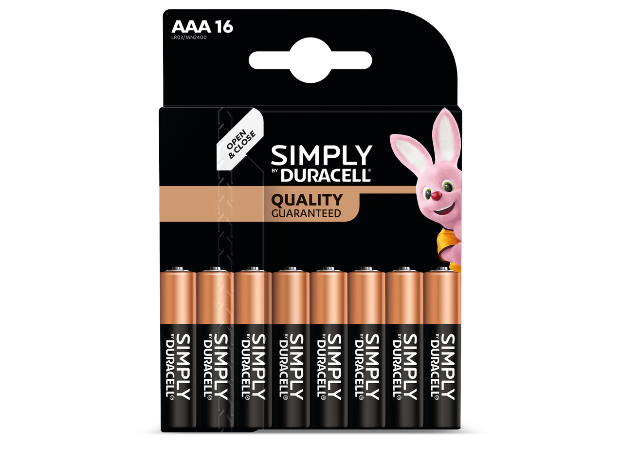 Duracell Simply AAA 16-pack batterijen met een roze konijnenmascotte.