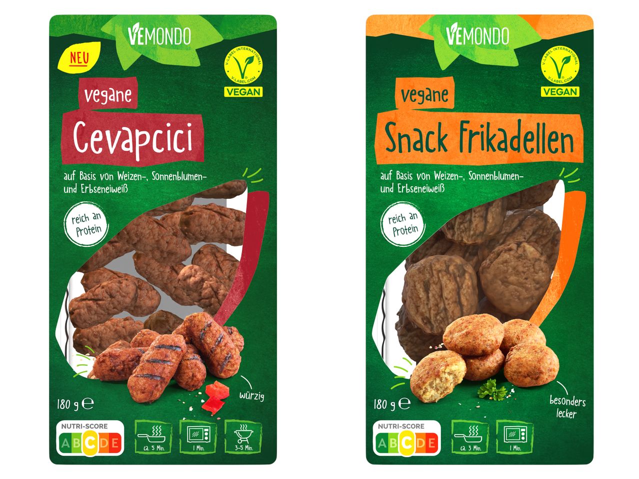 Zwei Packungen vegane Cevapcici und Snack Frikadellen der Marke Vemondo.