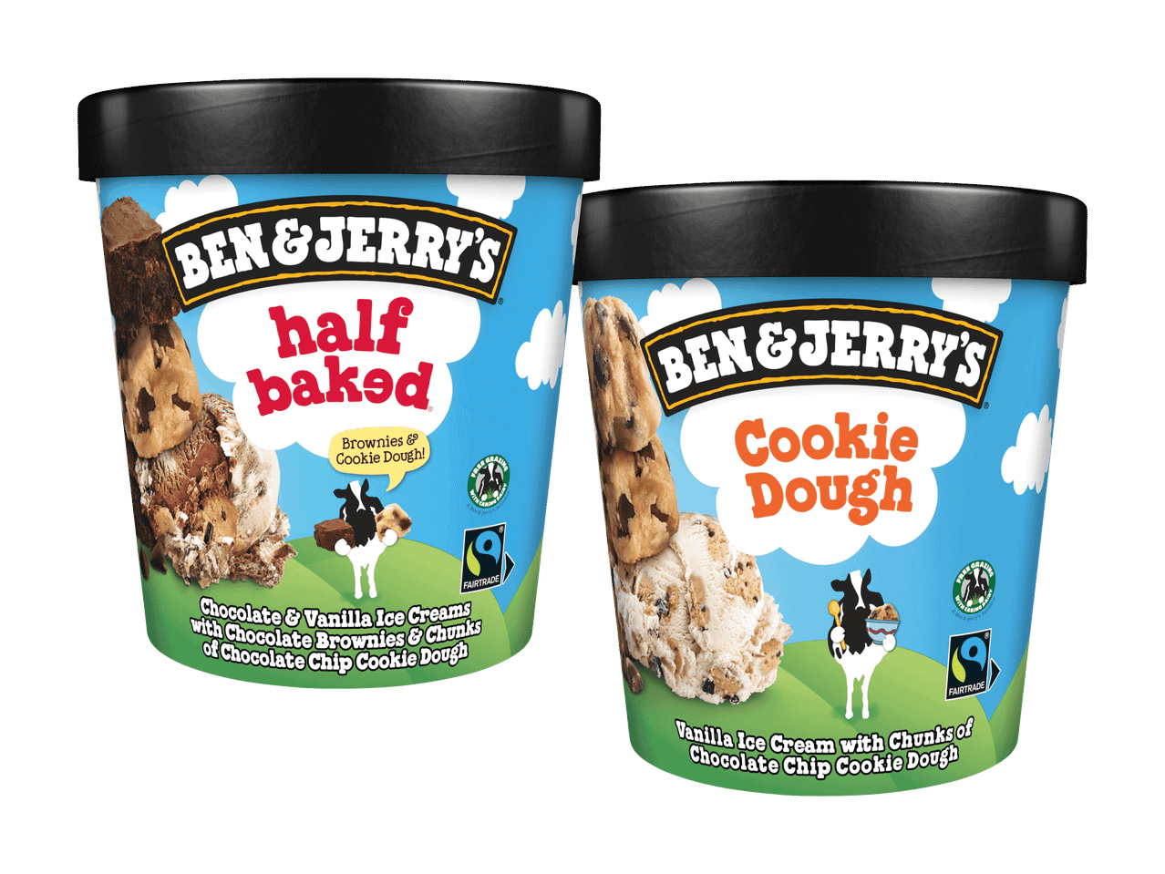 Zwei Ben & Jerry's Eisbecher: Half Baked und Cookie Dough.