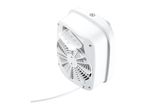 Rear view of a white fan heater with a remote control stored in its handle