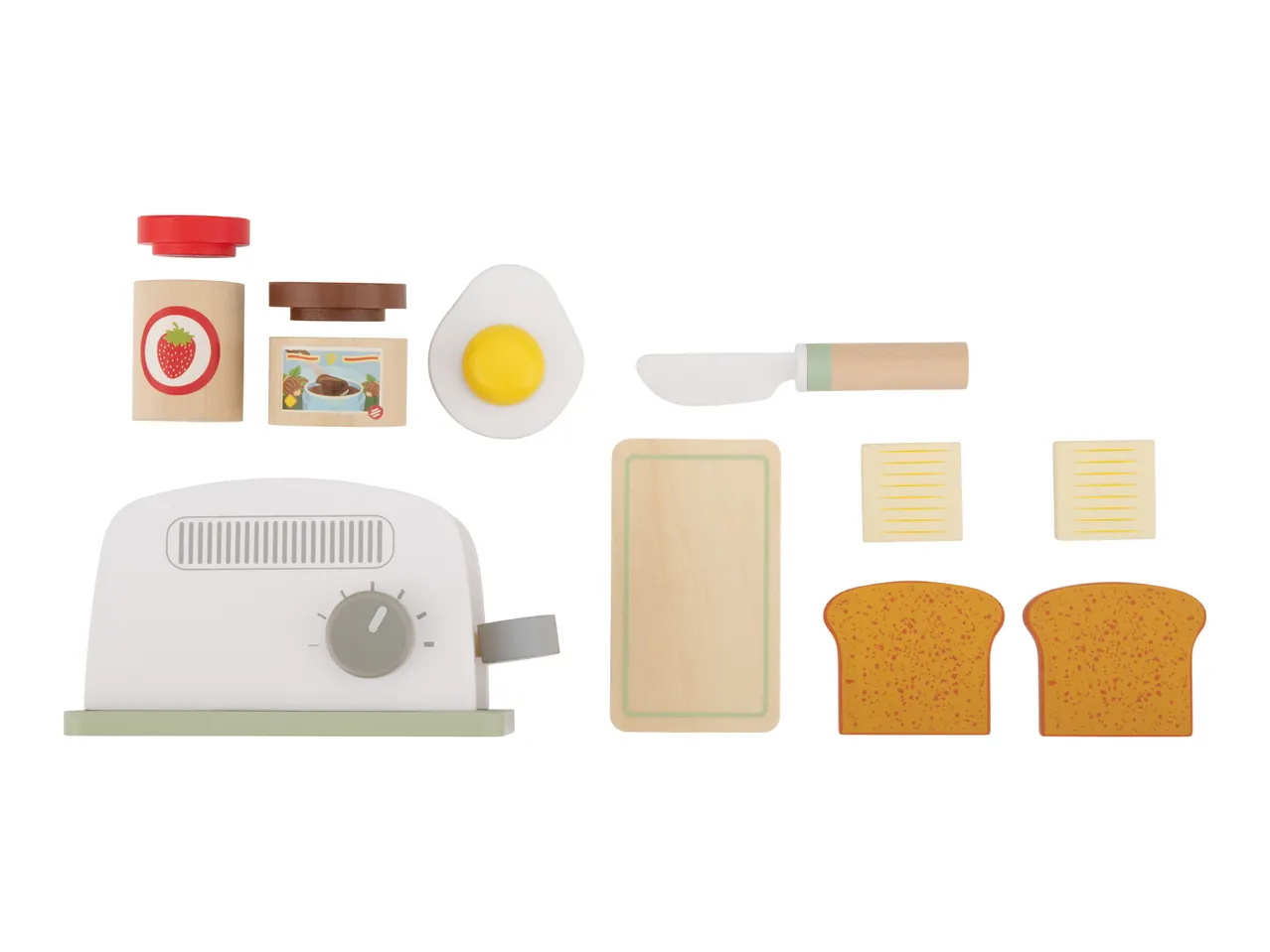Wooden toy breakfast set with toaster, toast, butter, jam, chocolate spread, fried egg, knife, and cutting board.