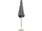 Closed grey patio umbrella with a light-colored base.