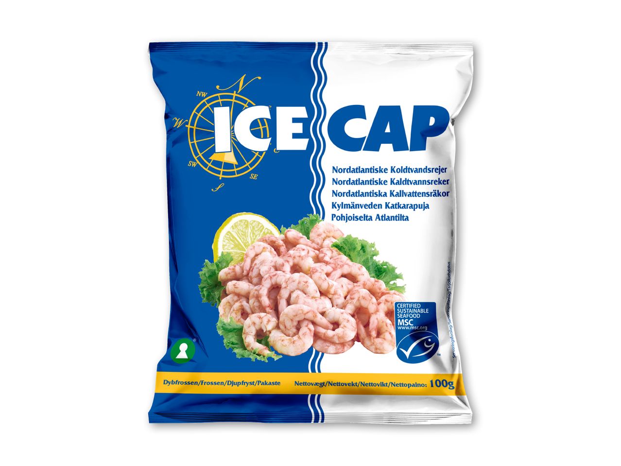 Pose med frosne rejer, med en kompasrose og teksten 'ICE CAP', der angiver nordatlantiske koldtvandsrejer og en vægt på 100g.