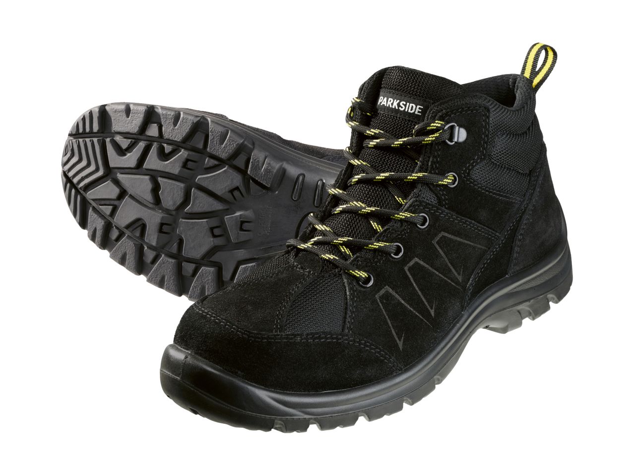 Pair of black work boots with yellow and black laces, showing the sole's tread.