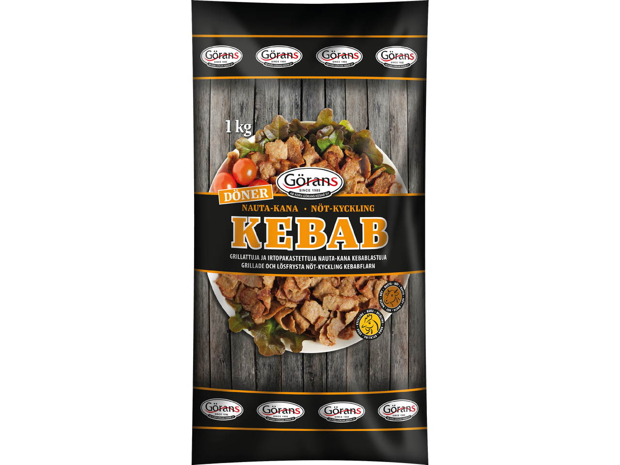 Förpackning med 1 kg grillad och lösfryst nöt- och kycklingkebab.