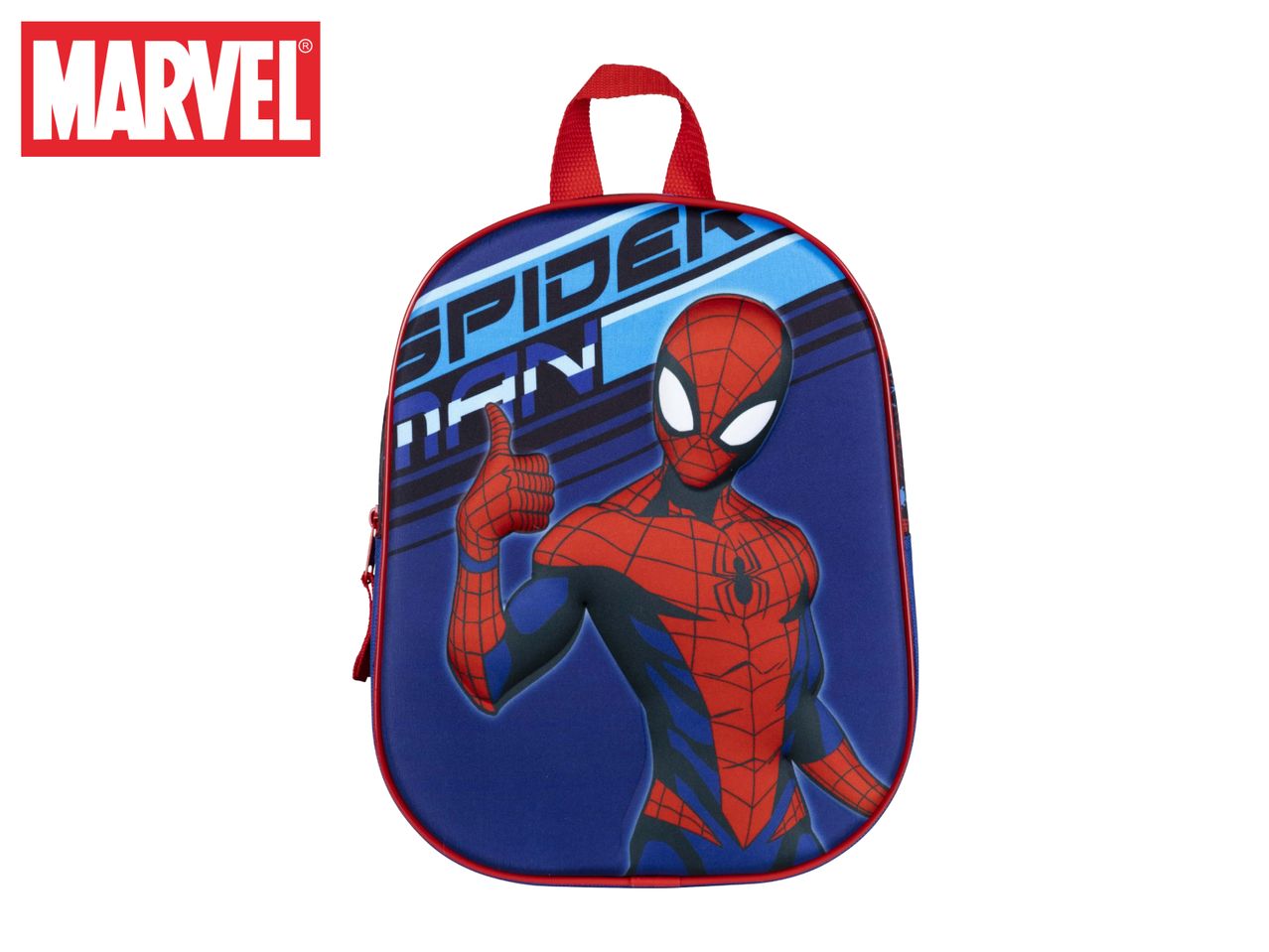 Blue backpack with Spider-Man giving a thumbs up, and the text 'SPIDER-MAN'.