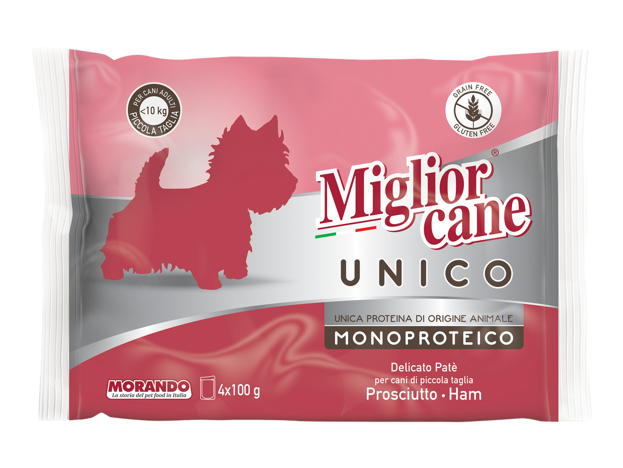 Pachet de hrană umedă pentru câini de talie mică, cu șuncă, fără cereale.