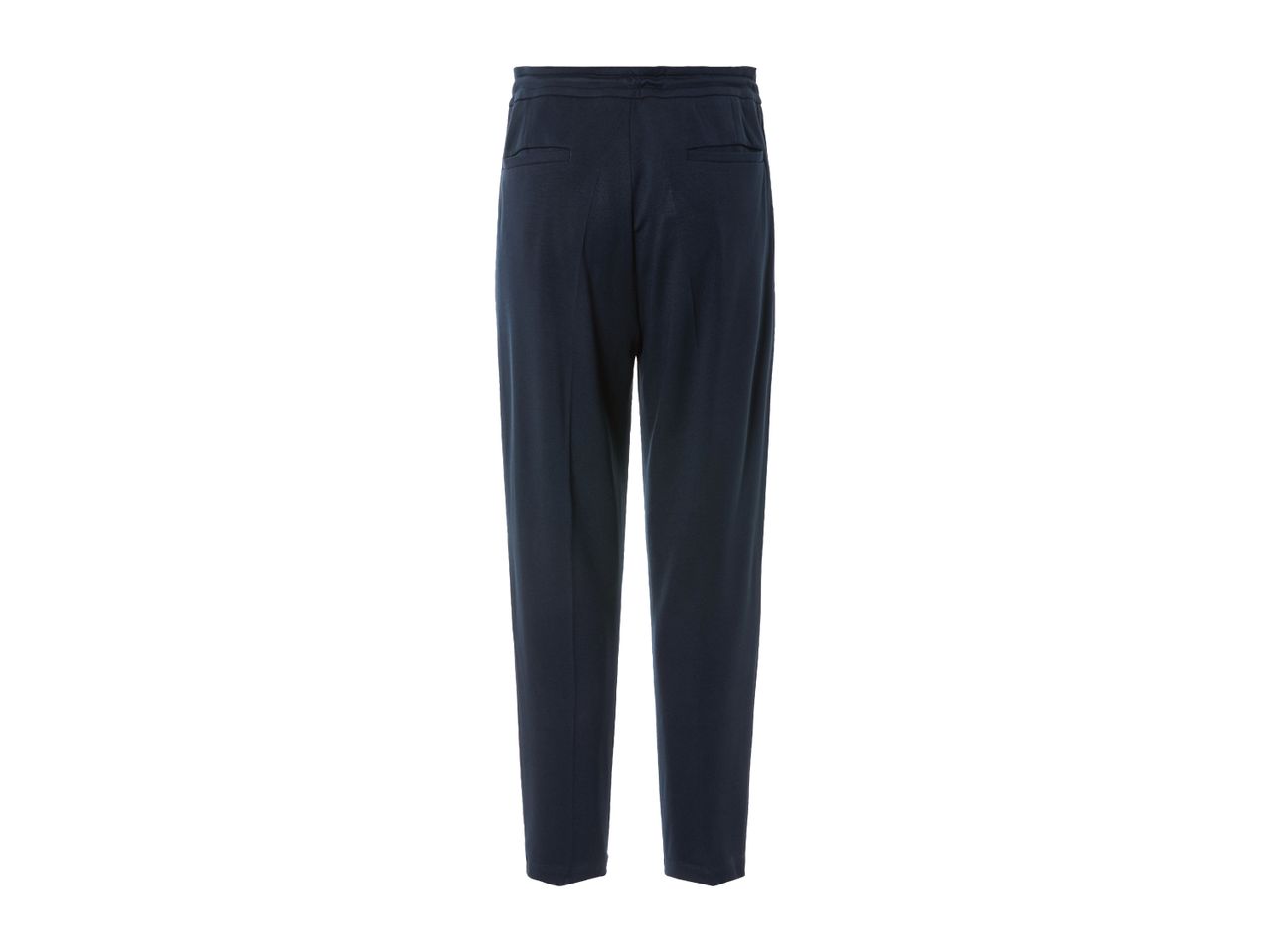 Navy blue women's trousers with an elastic waistband and pockets.