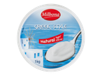 Yaourt Milbona Grec Naturel léger 2% de matières grasses, pot de 1kg avec une cuillère et des images d'île grecque.