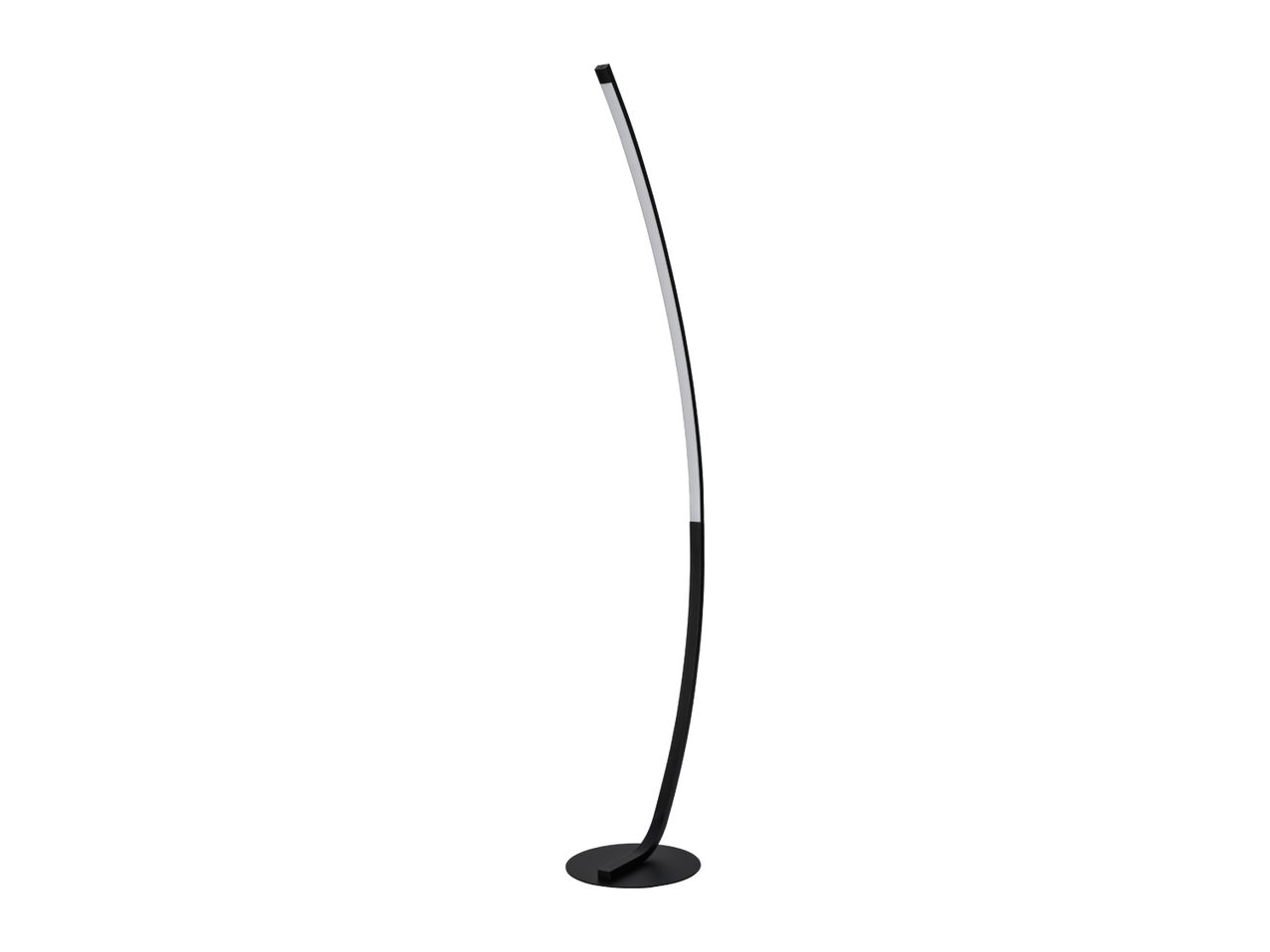 Modern curved black LED floor lamp with a round base