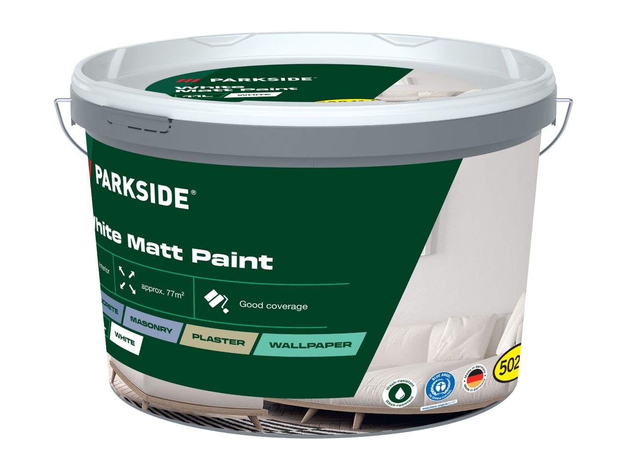 PARKSIDE White Matt Paint bucket, 11L, with good coverage for various surfaces.