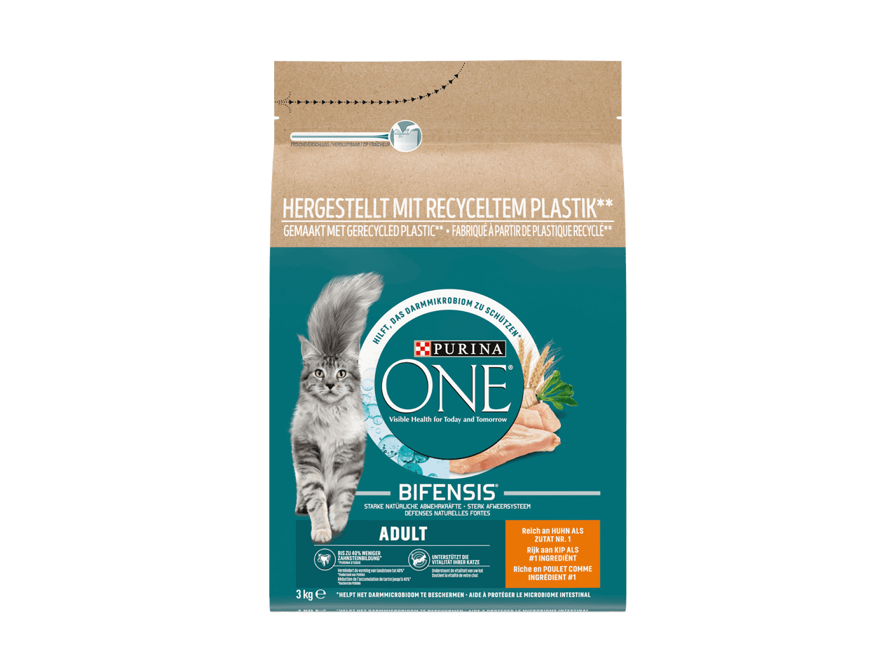 Purina ONE Katzenfutter für Erwachsene mit Huhn, das das Darmmikrobiom schützt.