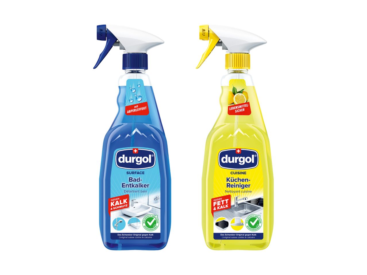 Due flaconi spray Durgol per la pulizia di bagno e cucina.