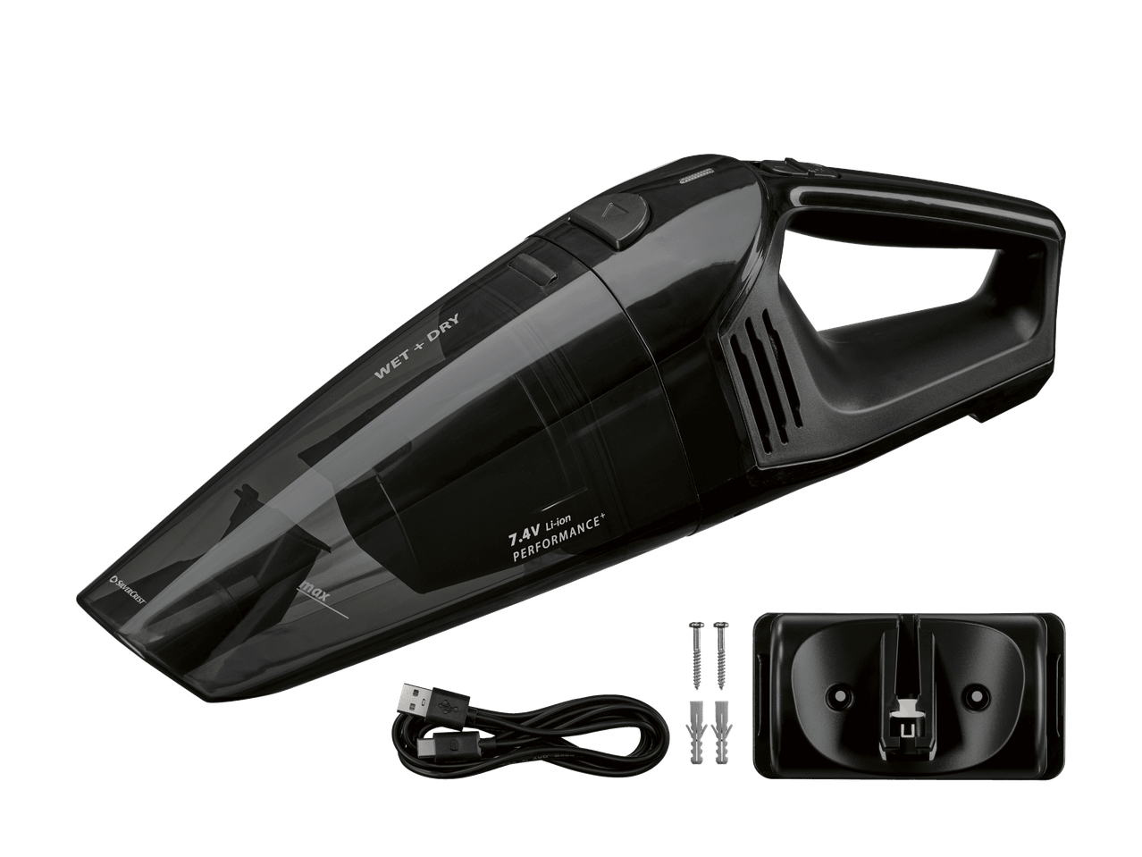 Aspirateur à main noir avec accessoires, câble USB, vis et chevilles.