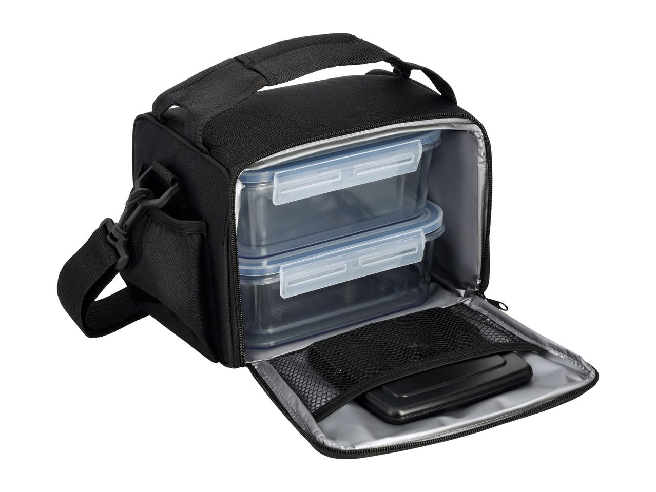 Black insulated lunch bag with two clear food containers and a black flat container.