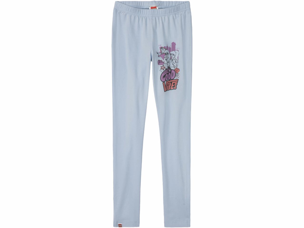 Leggings azzurri con stampa di personaggi Lego Friends e scritta 'Good Vibes'.