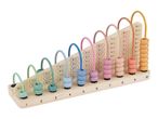 Wooden abacus with colorful beads and math equations for learning addition.
