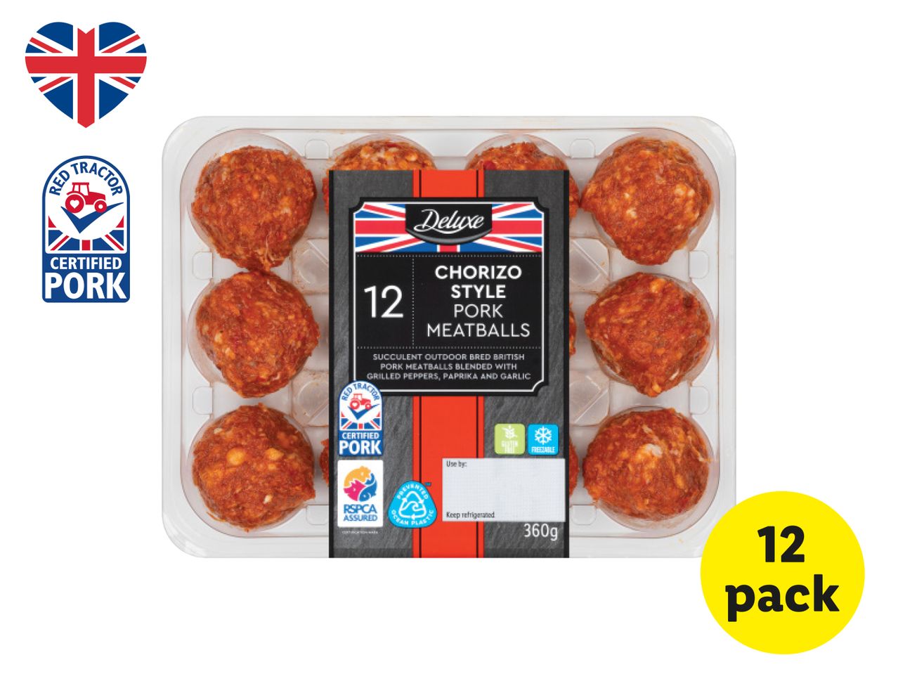 Deluxe Chorizo Style Pork Meatballs (12 pack), Red Tractor Certified Pork.