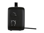 Black portable electric heater with two control dials and a carrying handle.