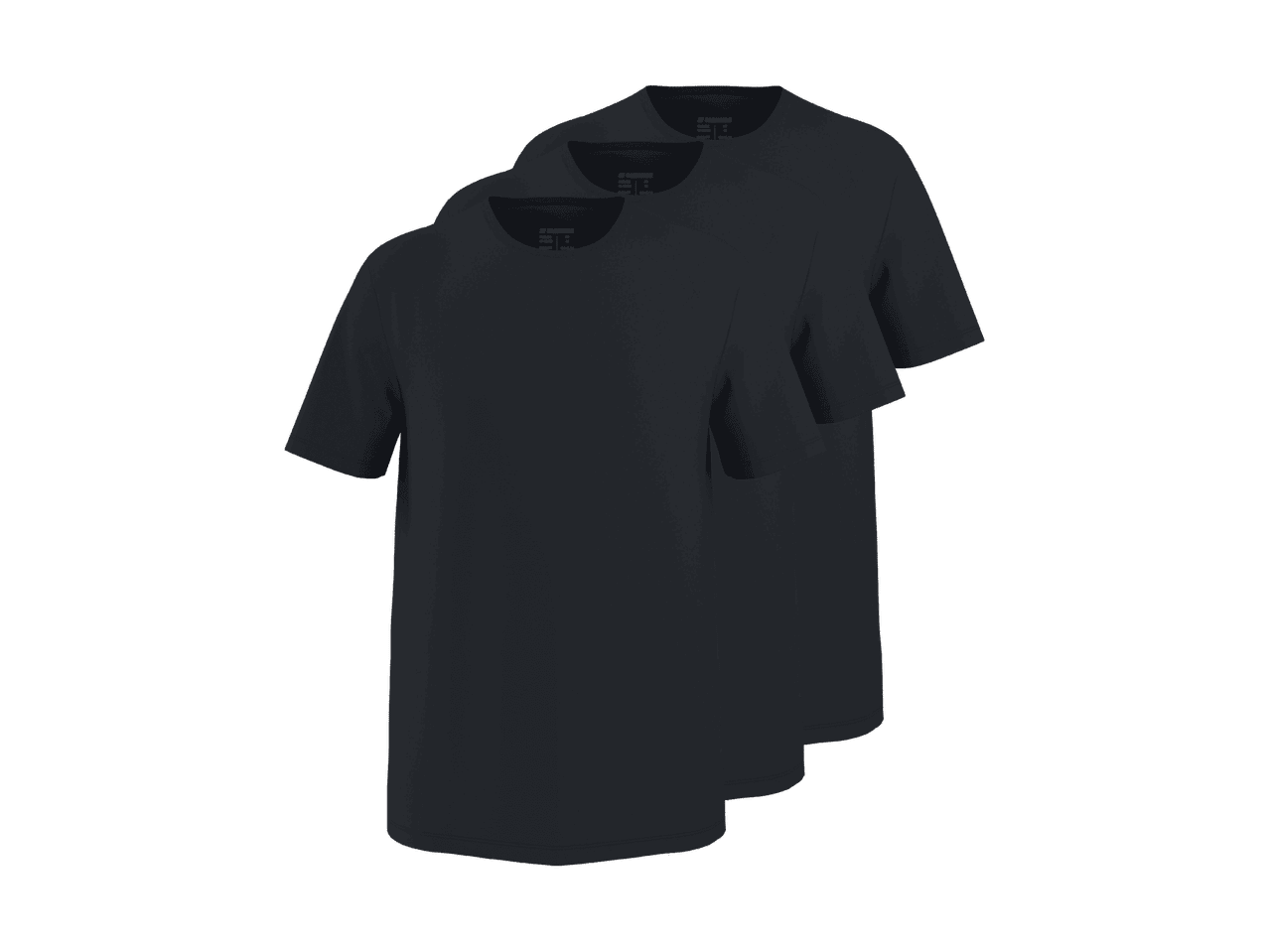 Tre magliette da uomo blu scuro con etichette taglia, impilate ordinatamente.