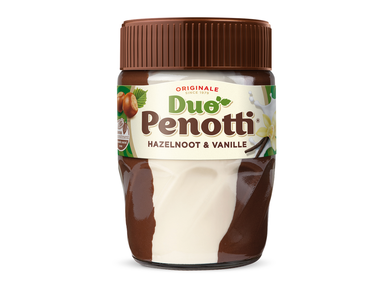 Pot met duo-pasta van hazelnoot-chocolade en vanillecrème.