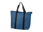 Blue tote bag with black handles and zipper closure