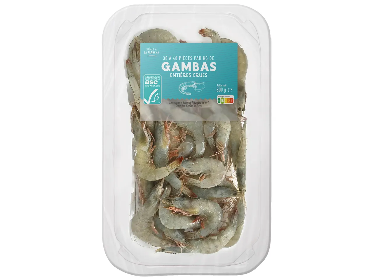 Crevettes crues, emballées, 800 g.