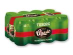 12-pak Tuborg Classic pilsnerøl i dåser.