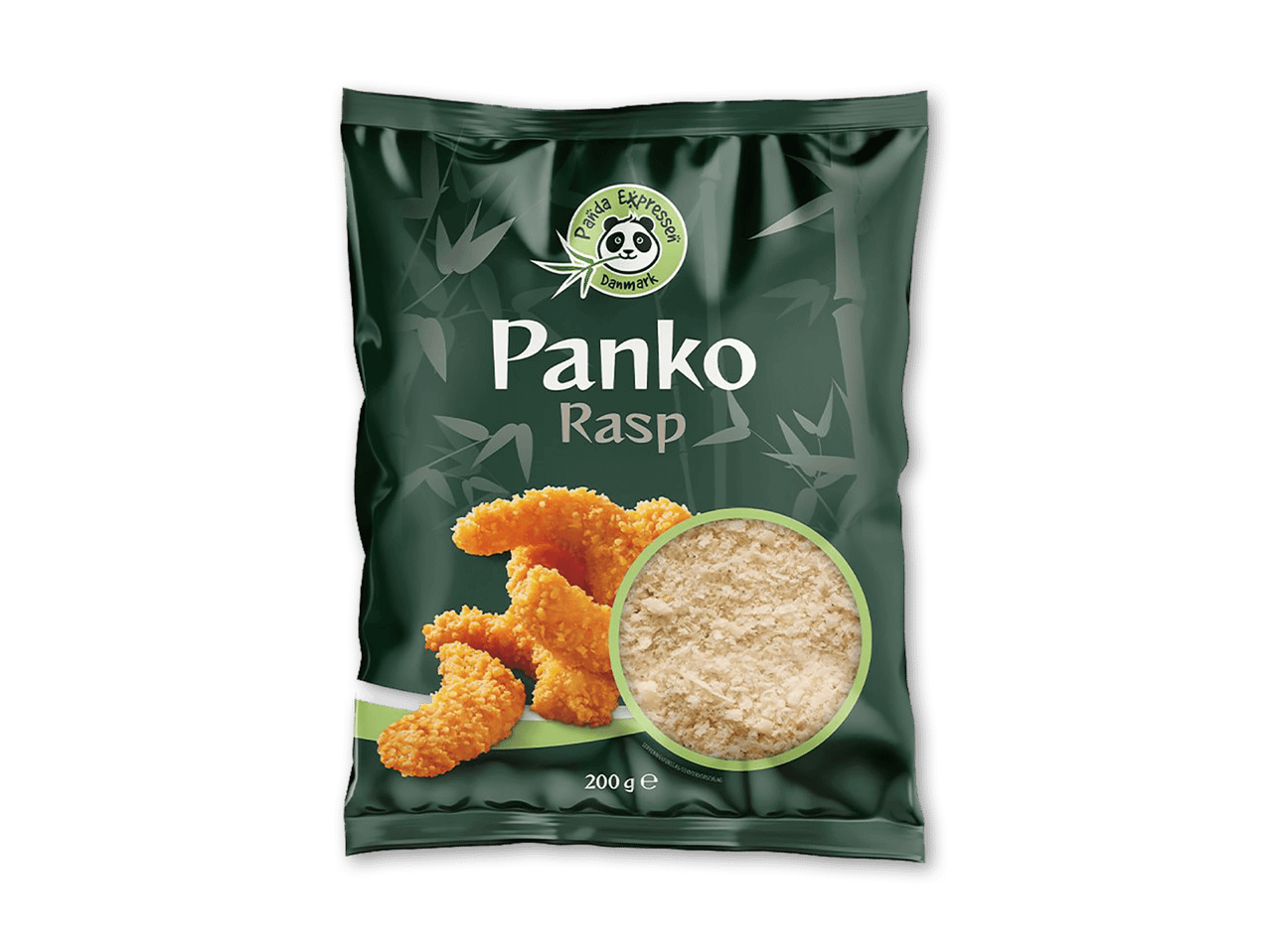 Panko rasp i en mørkegrøn pose med billede af panerede stykker og rasp.
