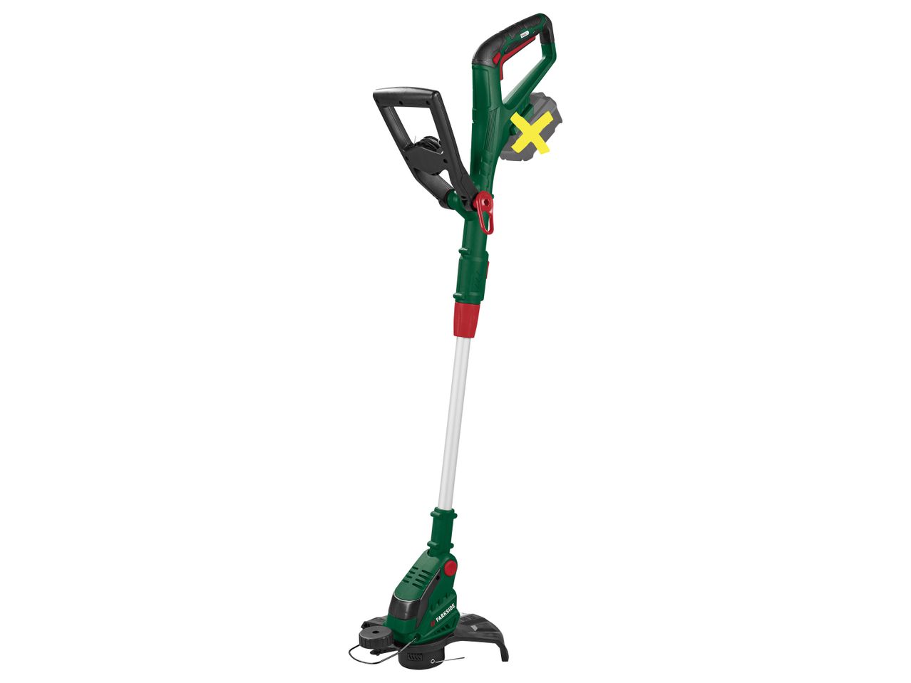 Green and black Parkside cordless grass trimmer with a yellow X over the battery.