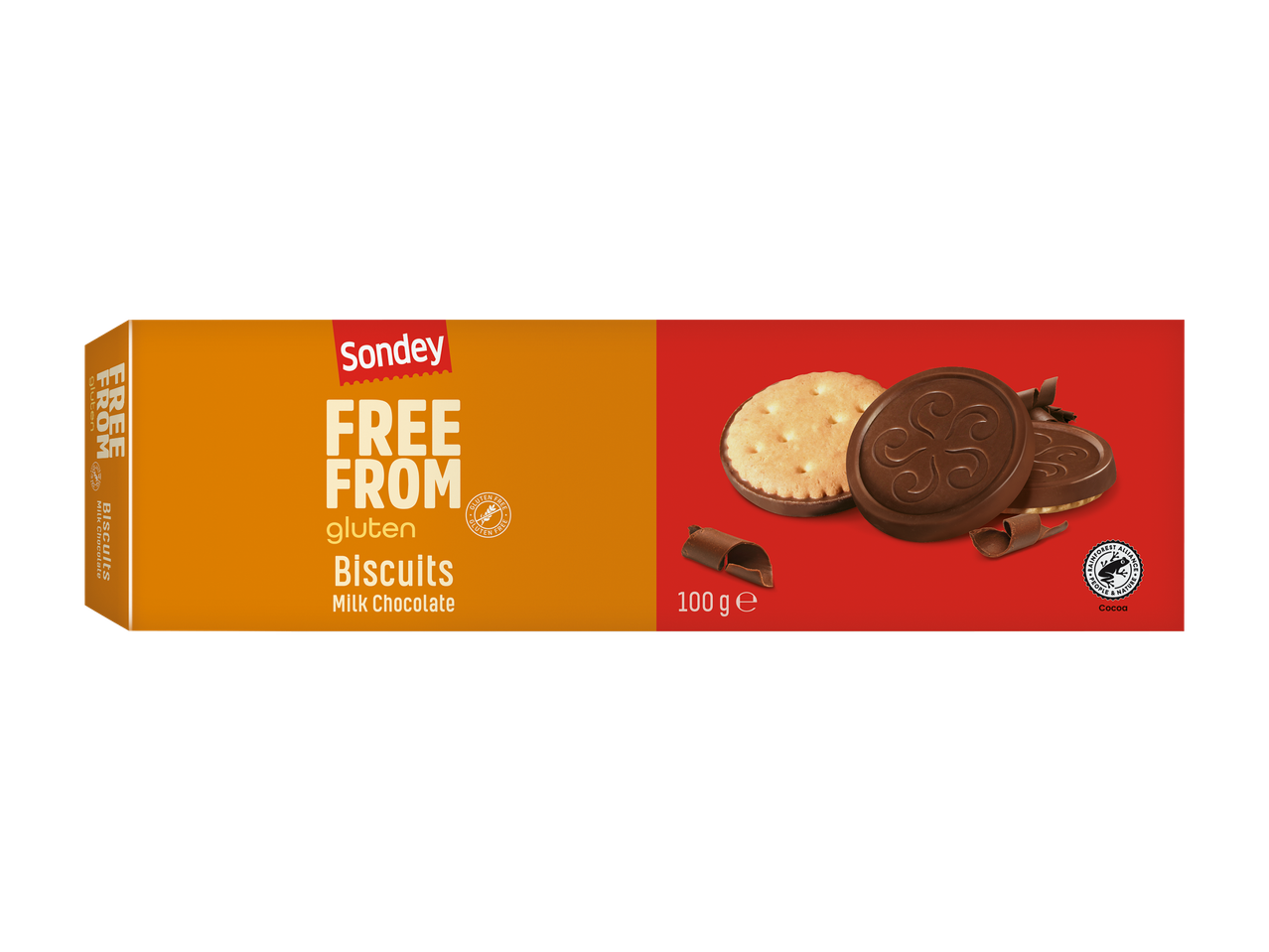 Glutenvrije melkchocoladekoekjes in een oranje verpakking met een afbeelding van de koekjes.