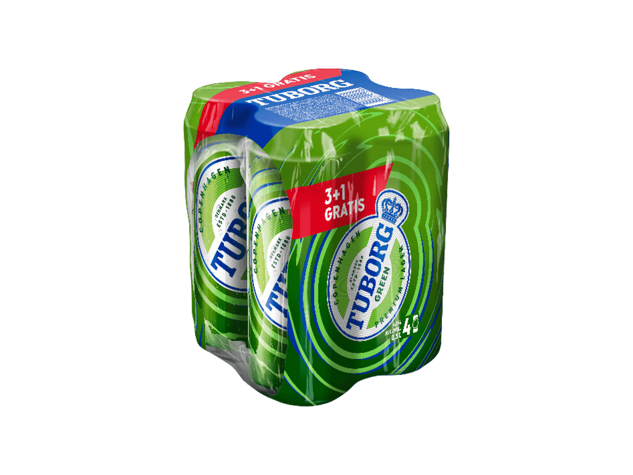 Pakovanje od četiri zelene limenke piva sa natpisom '3+1 GRATIS'.