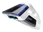 Cordless spot cleaner with blue transparent tanks and a brush head with blue arrows.
