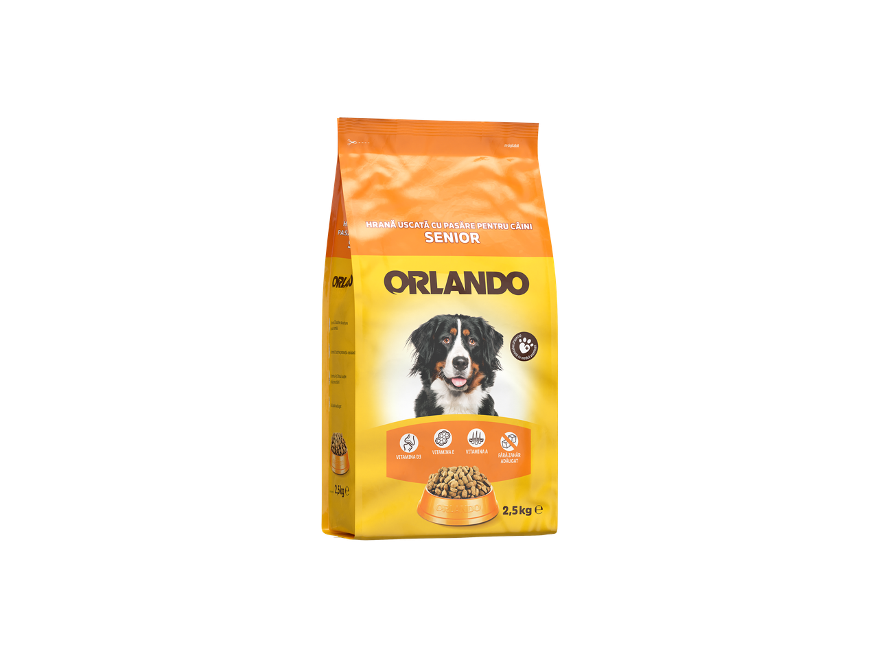 ORLANDO Hrană uscată pentru câini seniori cu pasăre, ambalaj de 2,5 kg.