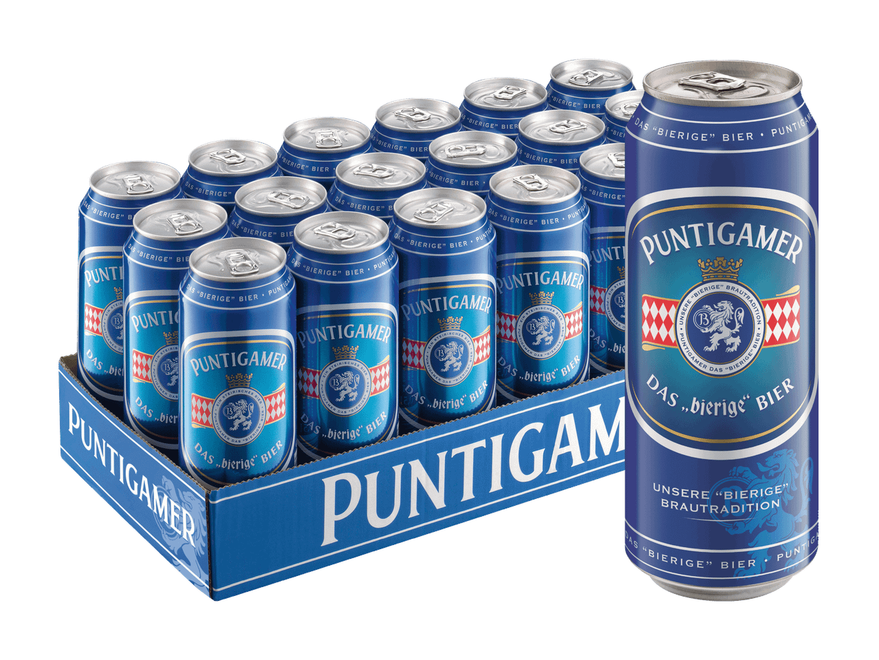 Ein Karton mit 24 blauen Puntigamer Bierdosen, eine Dose steht daneben.