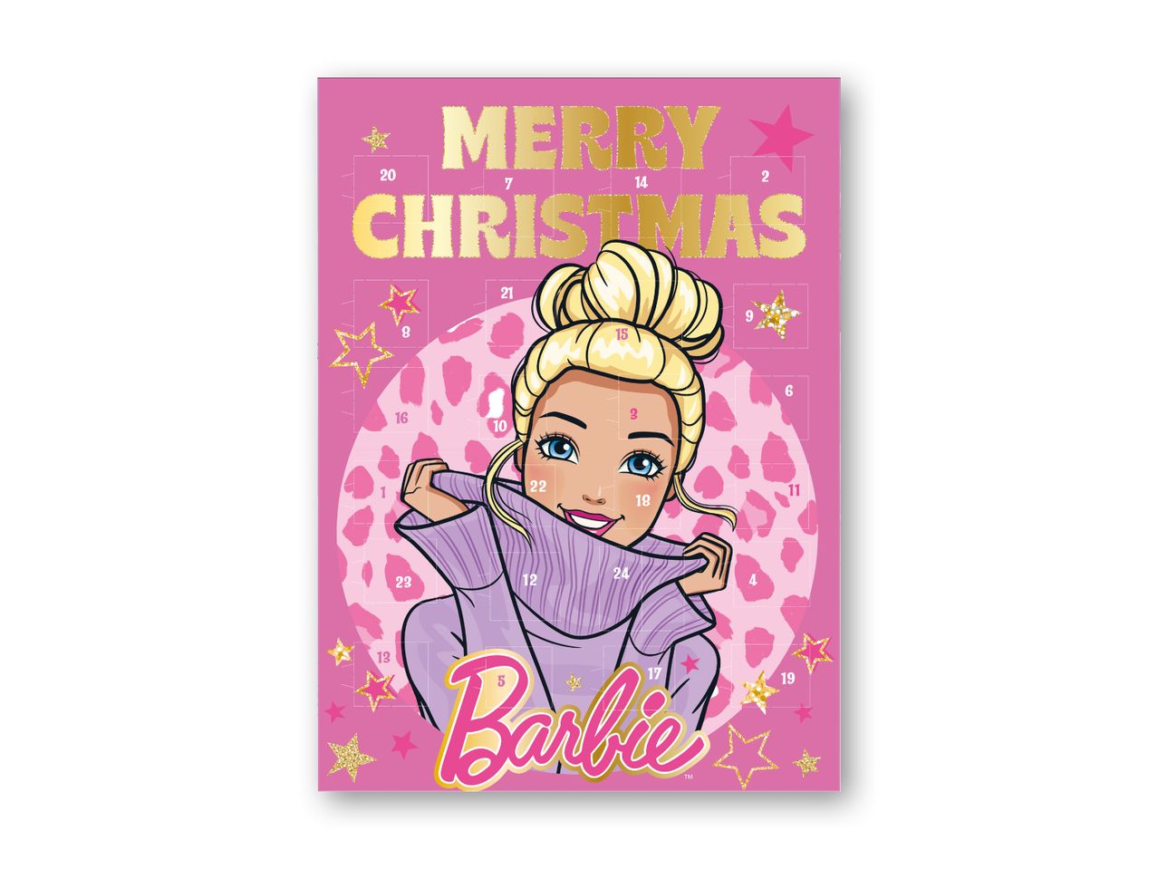 Barbie julekalender med et billede af Barbie i en lilla sweater.