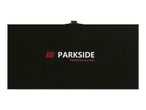 Black rectangular case with a logo and text in white and red.