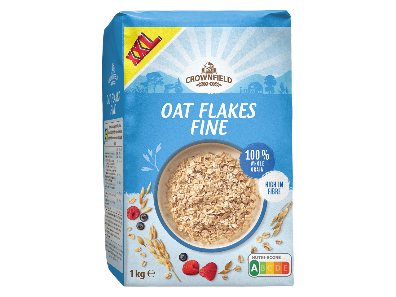 Finom zabpehely csomagolás, 1 kg-os kiszerelésben, Nutri-Score A jelöléssel.